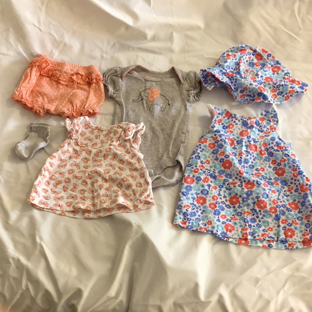 Carters floral dress +hat, onesie, top, shorts 0-3